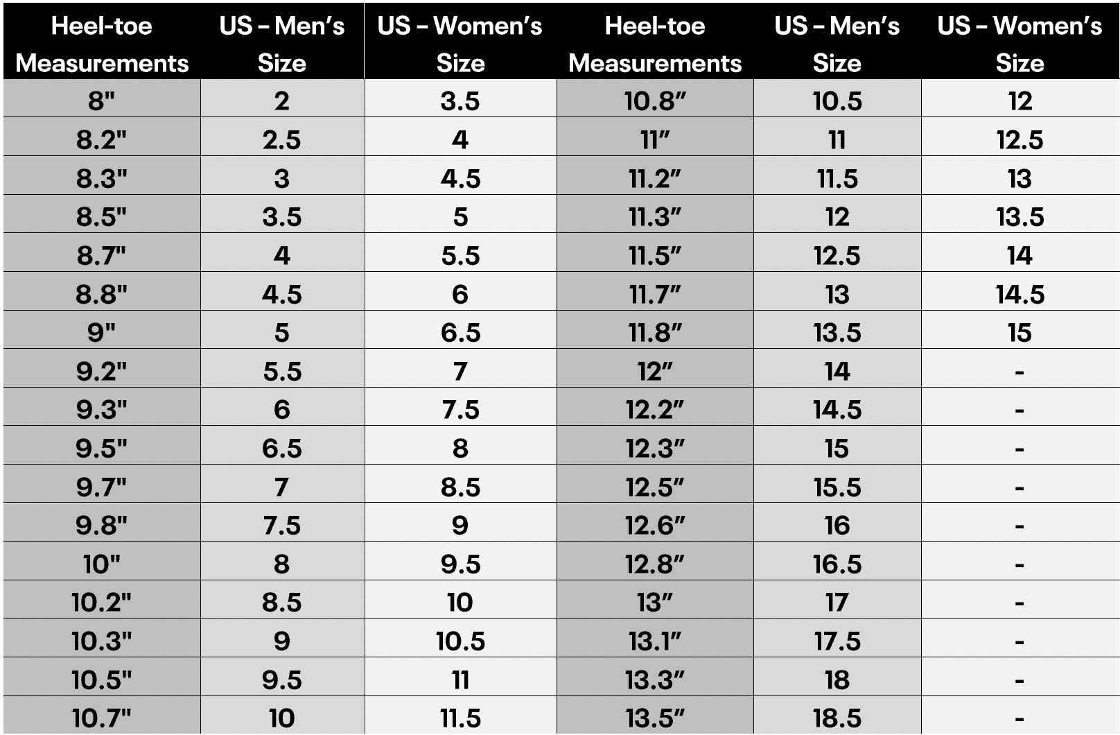 Reebok Footwear Size Chart