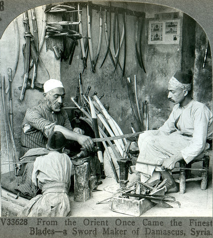 1900 picture depicting Syrian sword makers making damascus steel