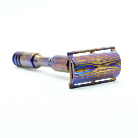 Titanium damascus or damtanium (Not Timascus , MakuTi or TiMoku) luxury high end single edge razor a double edge safety razor for wet shaving polished - Blue purple yellow red patina