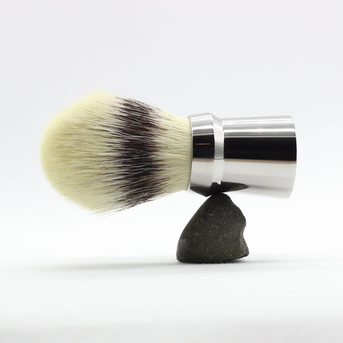 Titanium Shaving brush with synthetic shaving knot fibers - blananced at finger natural grip point- Used to lift hairs and soften skin while shaving. Essential part of a men's grooming and shaving kit 