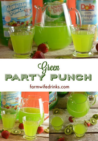 green Hawaiin Punch, Canada Dry Ginger Ale, and Dole pineapple juice sit behind a pitcher and glasses of green punch
