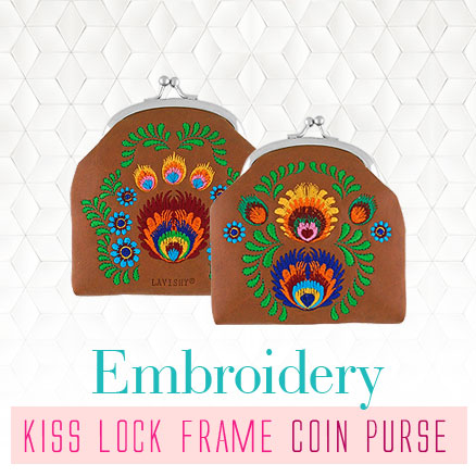 Online shopping for unique, fun, Eco-friendly vegan embroidered kiss lock frame coin purses from Elma collection by vegan brand LAVISHY