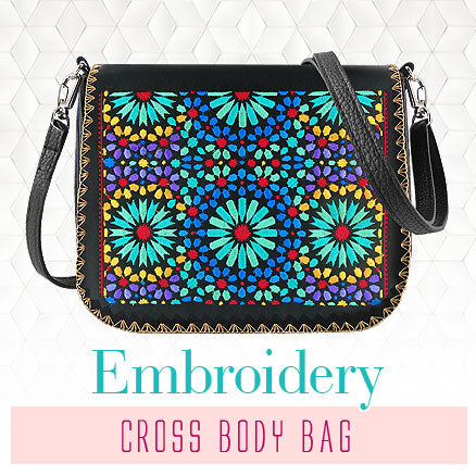 Online shopping for unique, fun, Eco-friendly vegan embroidered cross body bags from Elma collection by vegan brand LAVISHY