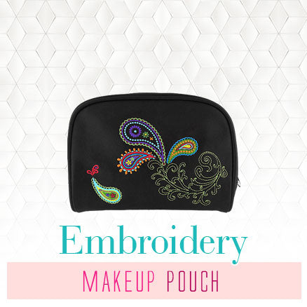 Online shopping for unique, fun, Eco-friendly vegan embroidered makeup pouches from Elma collection by vegan brand LAVISHY