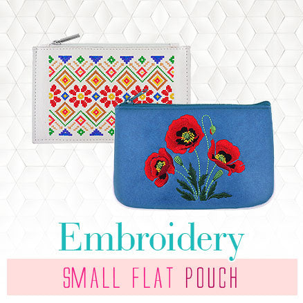 Online shopping for unique, fun, Eco-friendly vegan embroidered small flat pouches from Elma collection by vegan brand LAVISHY