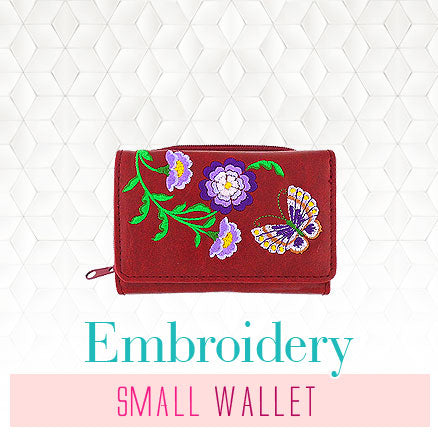 Online shopping for unique, fun, Eco-friendly vegan embroidered small wallets for women from Elma collection by vegan brand LAVISHY