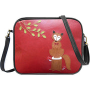 Online shopping for LAVISHY fun & playful applique vegan leather cross body bag/toiletry bag with adorable fox on tree stump applique. It's Eco-friendly, ethically made, cruelty free. A great gift for you or your friends & family. Wholesale available at www.lavishy.com with many unique & fun fashion accessories.