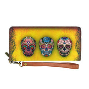 Online shopping for Eco-friendly, cruelty-free, ethically made large wristlet wallet with vintage tattoo style sugar skulls print by Mlavi Studio. Great for everyday use, travel or as gift for family & friends. Wholesale at www.mlavi.com to gift shop, clothing & fashion accessories boutiques, book stores worldwide.
