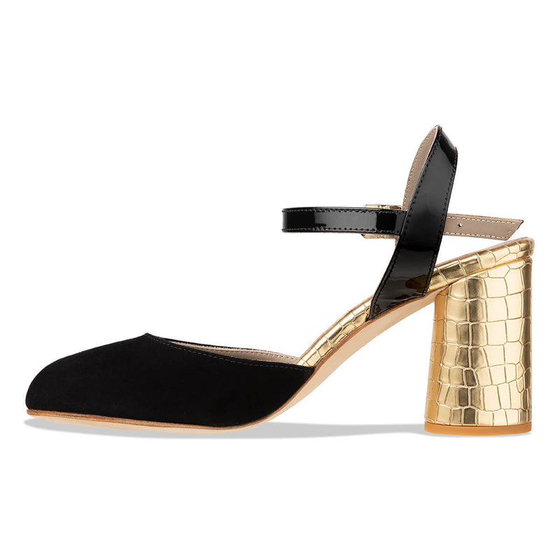 'Custo' Women's black and gold leather sandal with block heel - Italian ...