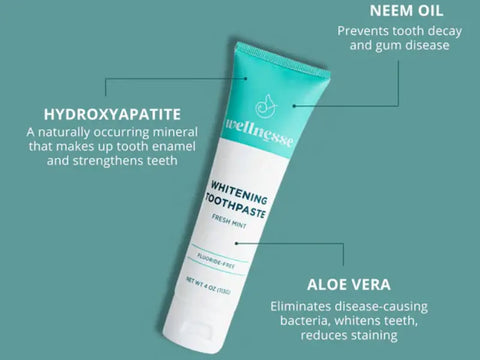 Gentle teeth whitening toothpaste with aloe vera and neem oil benefits labeled on packaging.