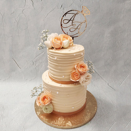 Two Tier Pink Shaded Swirls Cake With Fresh Flowers (Eggless) - Ovenfresh