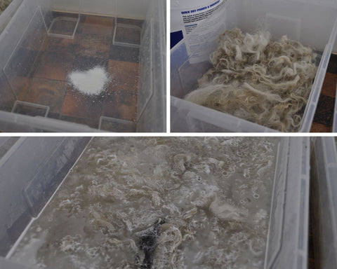 Top left -a clear tub on a brown worktop with a teaspoons worth of white washing powder in the centre  Top right =- a clear tub on a brown worktop with a handfull of white dirty fleece in it  Bottom - a clear tub filled around half way with water and wet white fleece in the water. there is a kind of foam on it from the washing powder