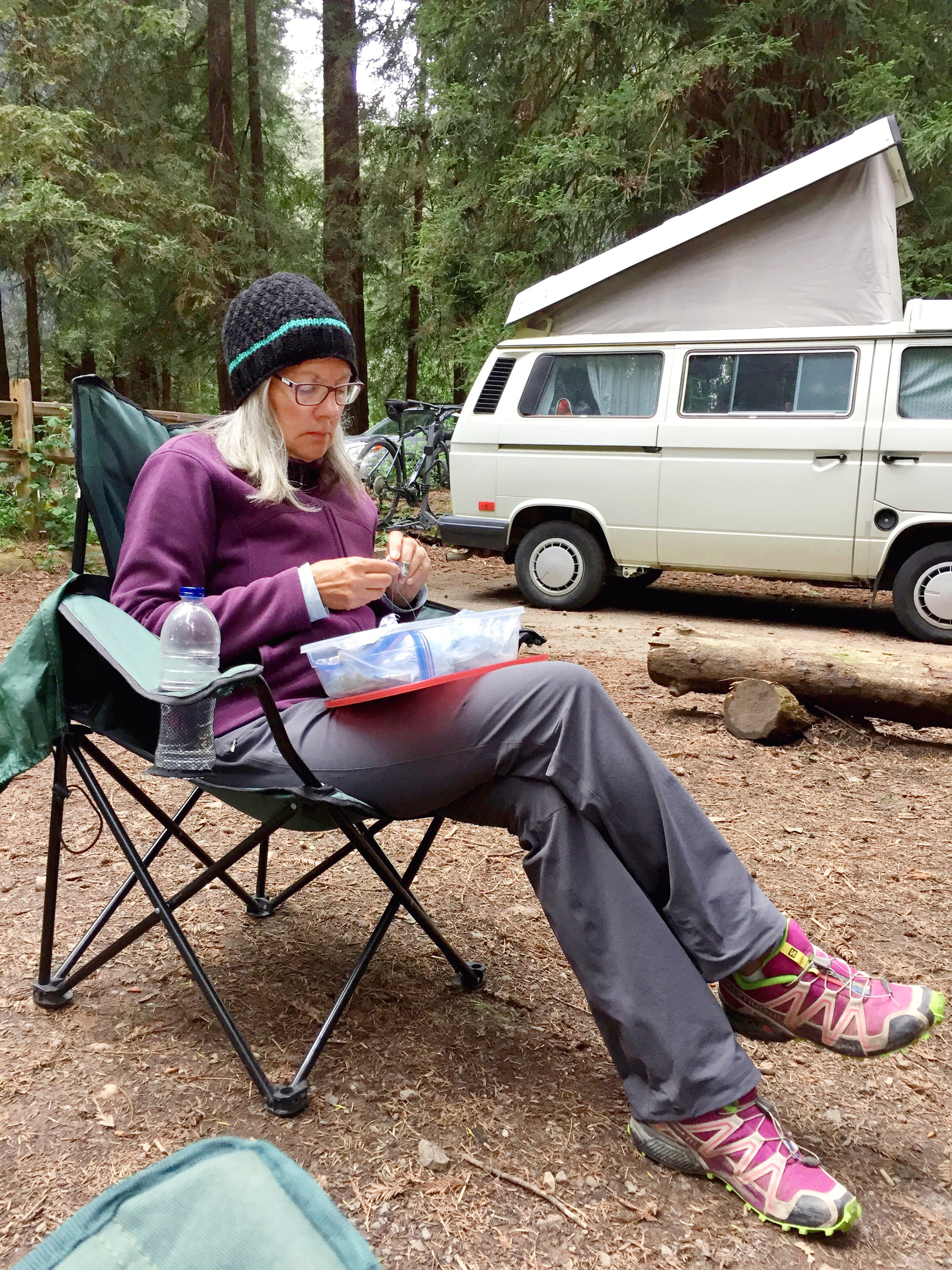 Susan hand sewing in Zion National Park