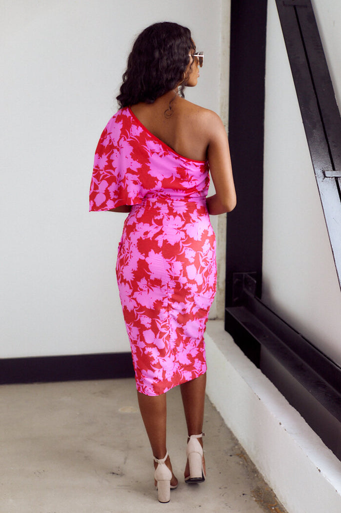 one shoulder pink midi dress