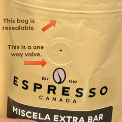 Espresso Canada coffee bag displaying one way valve and resealable features