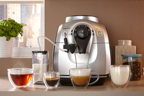 Philips 2100 Superautomatic Espresso Machine with the drinks it can produce.