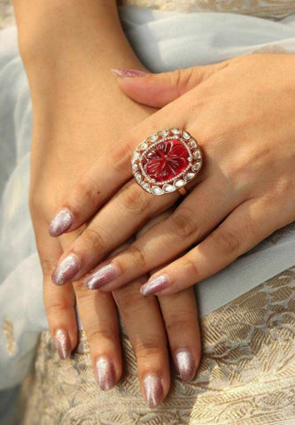 Red Kundan Ruby Ring