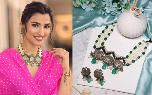 Kinjal bhanushali oxidised green beaded necklace