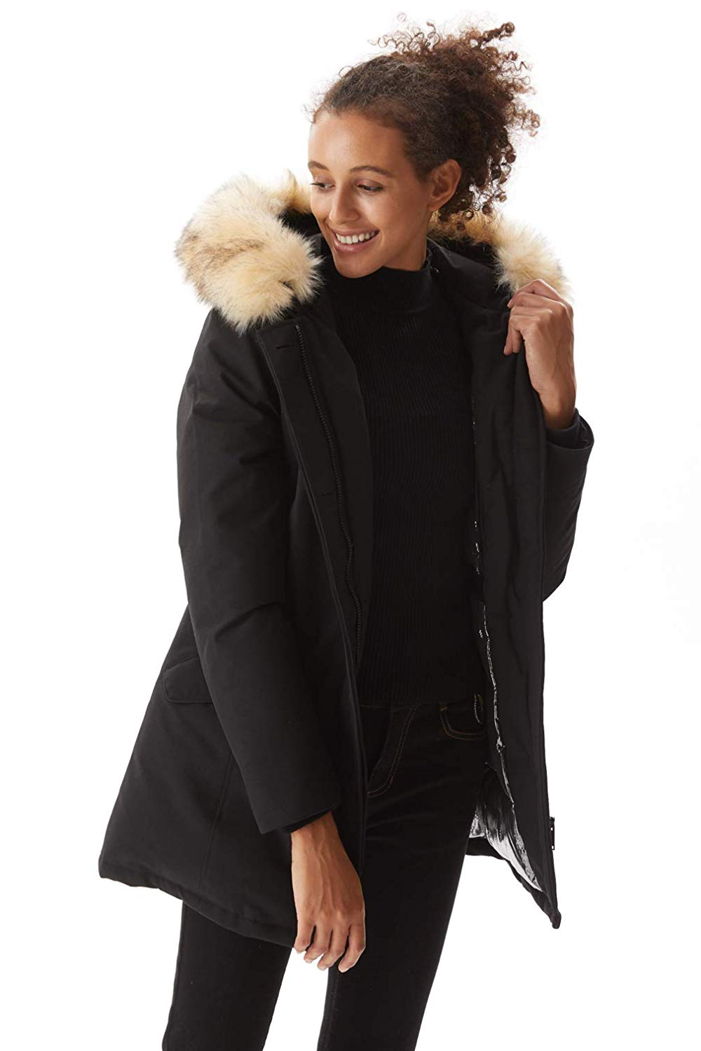 long down coat with fur hood