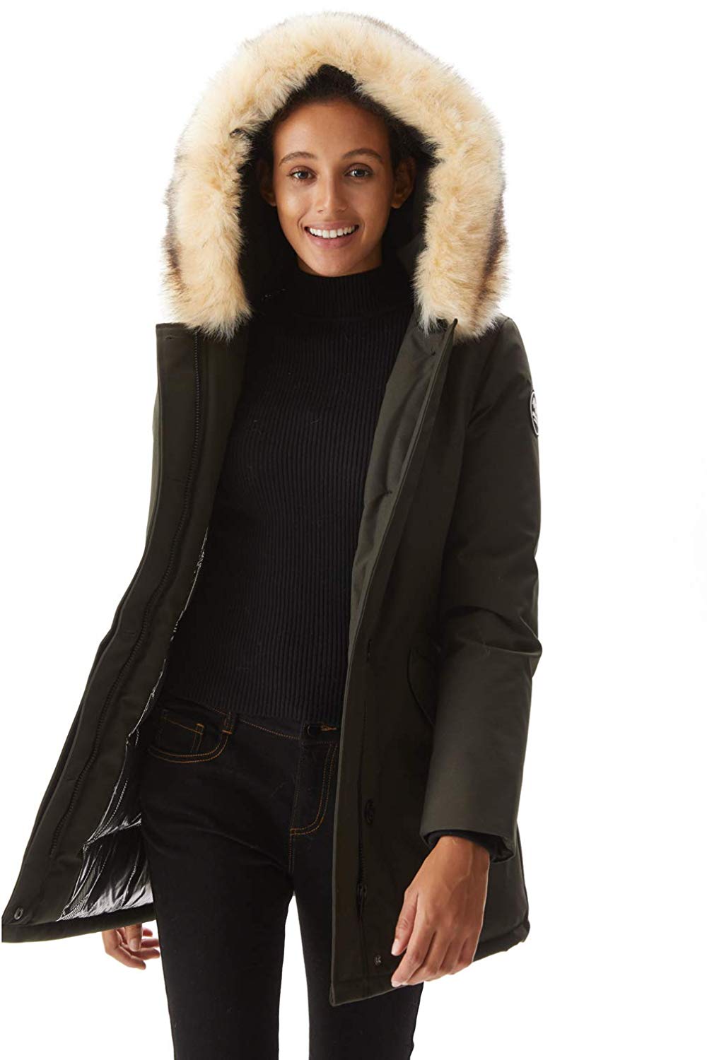 ladies down jacket with fur hood