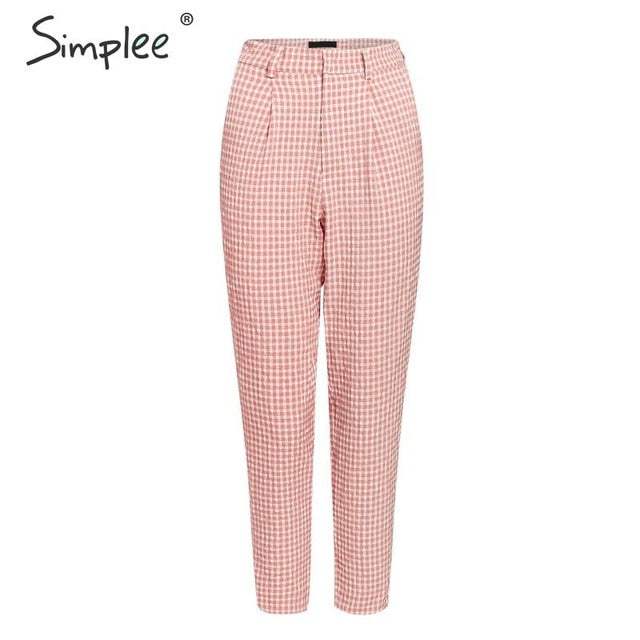 Simplee Pink plaid casual pants women 