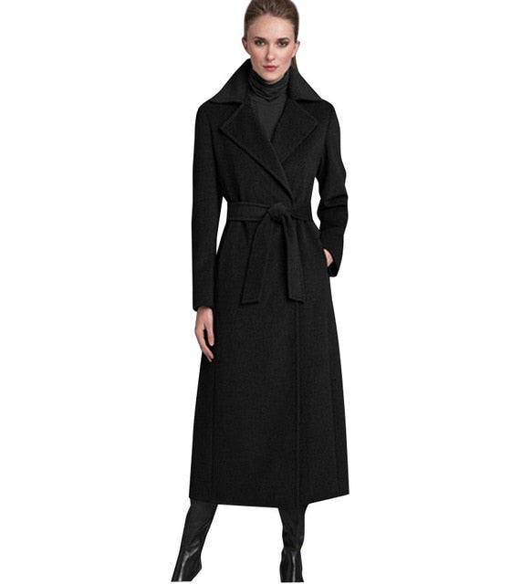 Wonderlijk Wide-waisted Solid Long Wool Blend Ladies Coat Elegant Fashion LY-65