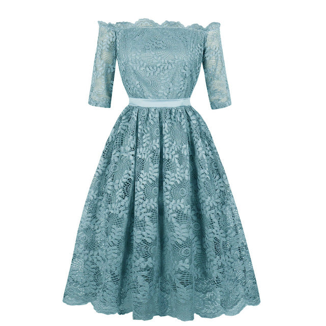 women's vintage floral lace boat neck cocktail formal swing dress