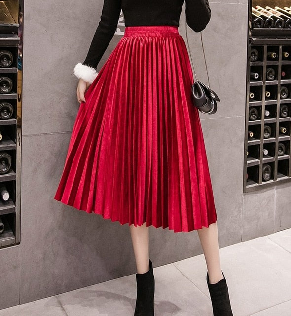 high waisted long pleated skirt