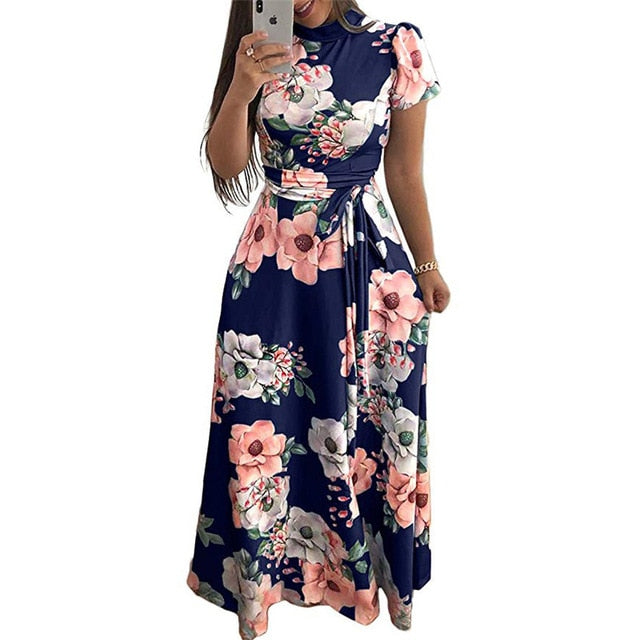 short sleeve floral long dresses