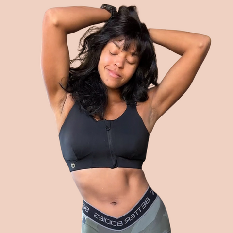 Madison wearing posture bra: Kinflyte Rise Plus Zip Bra - a posture correcting sports bra, front zip posture bra