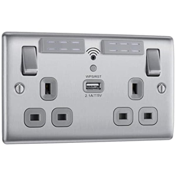 BG Nexus Metal Brushed Steel Double Switched 13A Power Socket With Wifi Extender + Usb Charging - 1X Usb Socket (2.1A) - Grey In