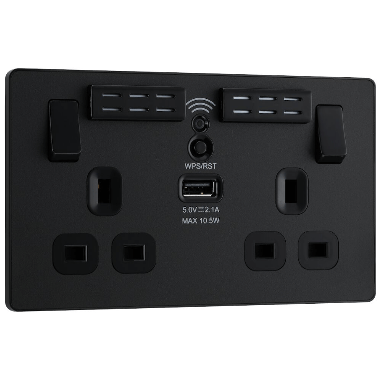 BG Evolve Matt Black Wifi Extender Double Switched 13A Power Socket + 1 X USB (2.1A) - PCDMB22UWRB