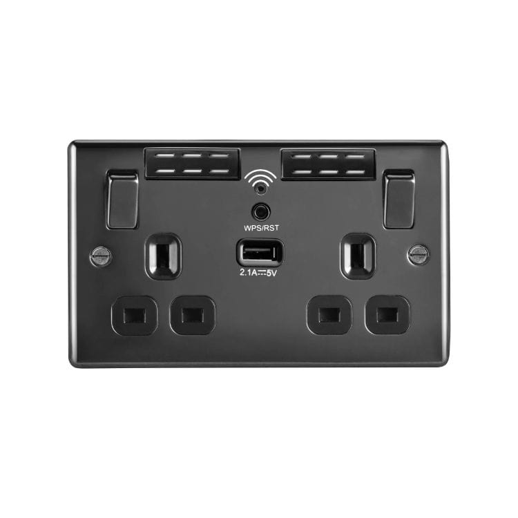 BG Nexus Metal Black Nickel Double Switched 13A Power Socket With Wifi Extender + Usb Charging - 1X Usb Socket (2.1A) - Black In
