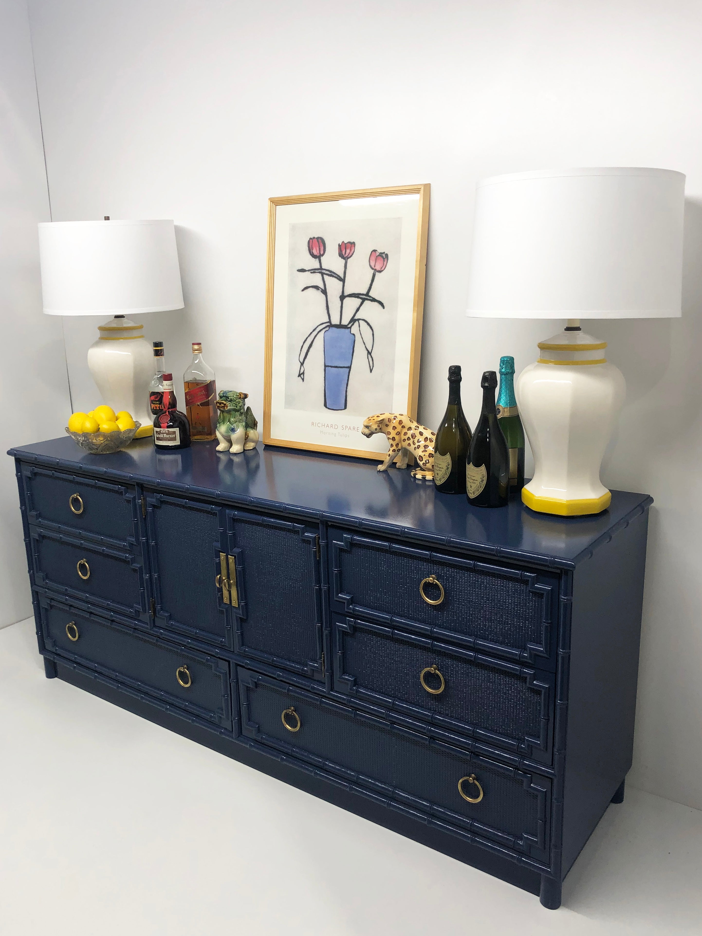 Navy Blue Faux Bamboo Credenza With Kelly Green Interior Faodail