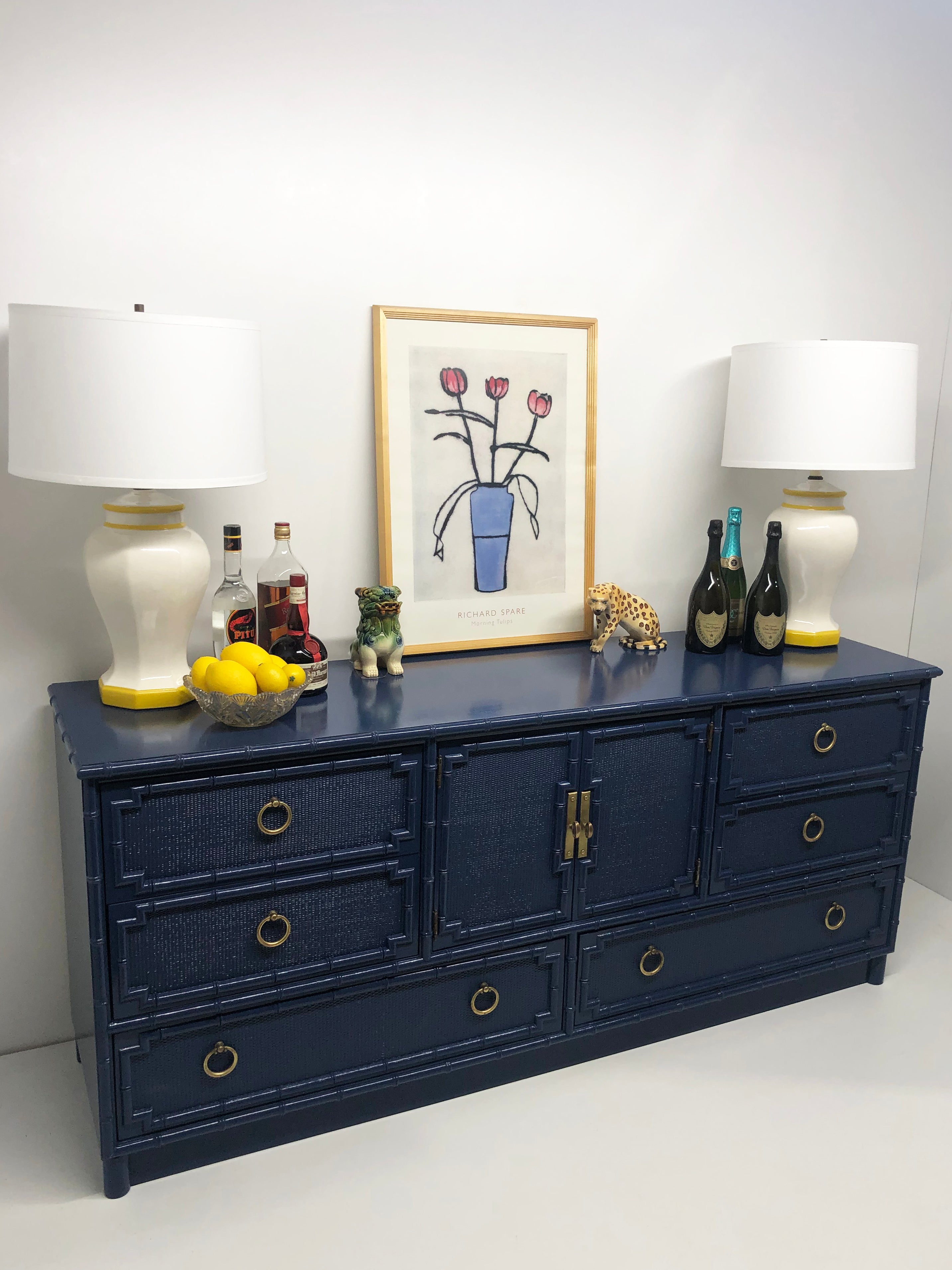 Navy Blue Faux Bamboo Credenza With Kelly Green Interior Faodail