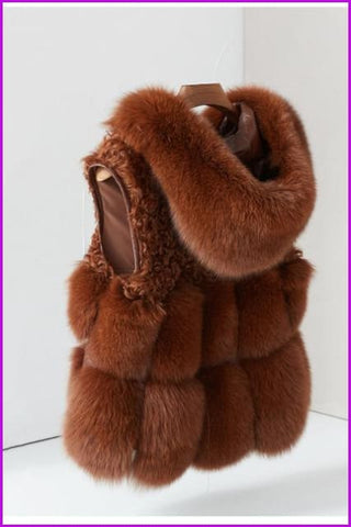  Brown Fox Fur with Lamp Fur Hooded Gilet 55CM DO1500 - Furdela 