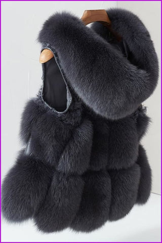  Dark Grey Fox Fur with Lamp Fur Hooded Gilet 55CM DO1500 - Furdela 