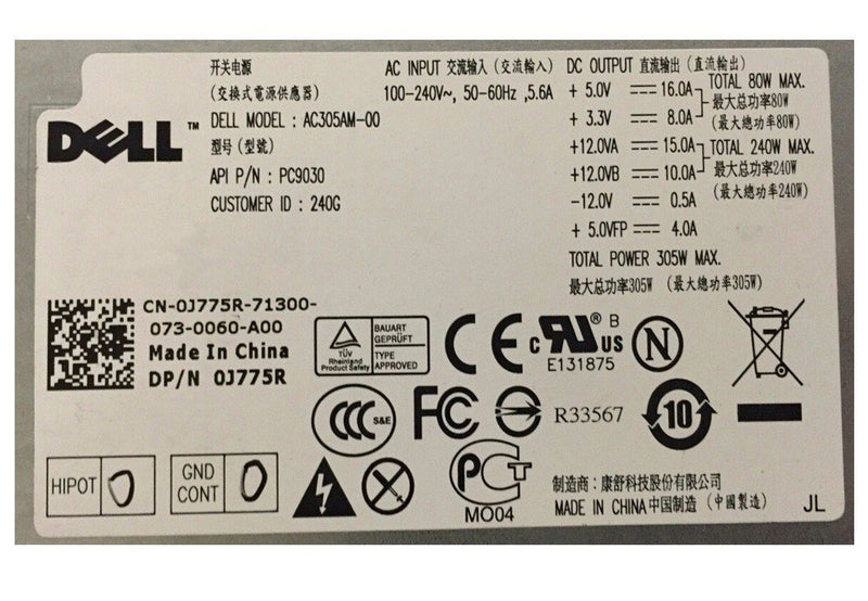 J775r 0j775r 305w Power Supply For Optiplex 980mt Ac305am 00