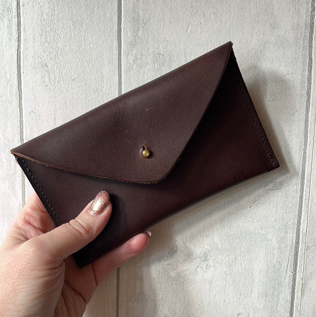 Handmade Leather Midi Envelope Purse, Dark Brown