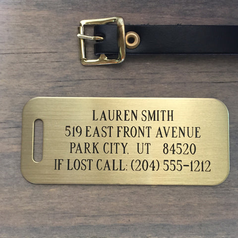 Brass personalized luggage tag by eastcoast engraving