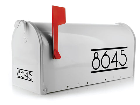 Stylish Black Mailbox Number 8645 Decals on White Mailbox with Red Flag