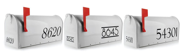 Custom black vinyl mailbox numbers 8620, 8645, 54301 on white mailboxes with red flags showing variety in font size and style for enhanced curb appeal.