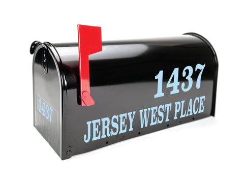 black mailbox with light blue lettering