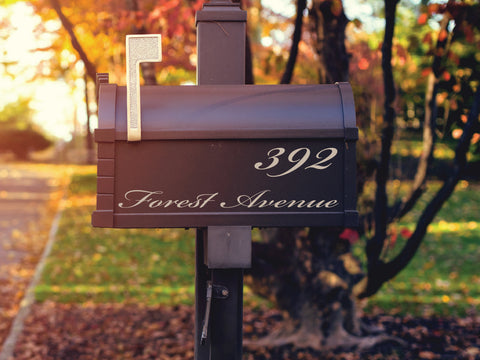 Brown mailbox with light brown lettering showing our "charleston" mailbox decal