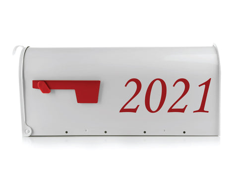Bold Red Mailbox Numbers 2021 on White Curbside Mailbox with Flag Down