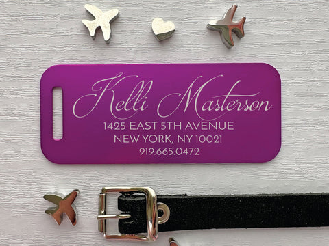 purple personalized luggage tag by eastcoast engraving