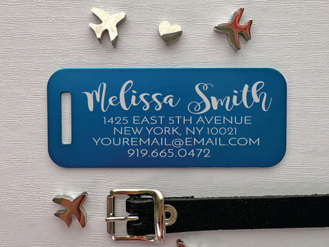 blue personalized luggage tag by eastcoast engraving