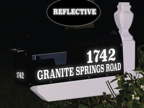 nightview of mailbox with reflective white lettering glowing