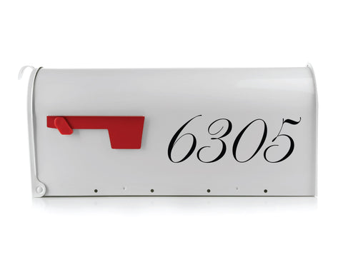 Elegant Custom Mailbox Number 6305 in Black Script on a White Background with a Red Flag Up