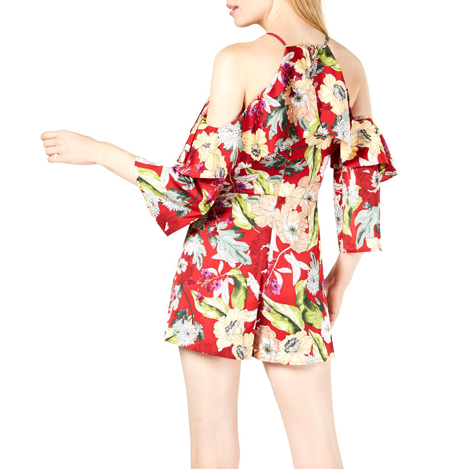 Yieldings Discount Clothing Store's Ruffled Cold Shoulder 3/4 Sleeve Romper by Guess in Garden Fever Print Sultry Red